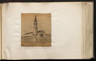 Sketch of Bushwick Avenue German Presbyterian Church, from Euegene Armbruster scrapbook