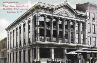 Postcard view of Union Bank, at the corner of Greenpoint and Manhattan Avenues.