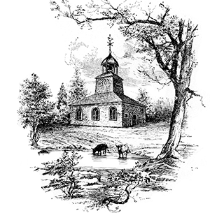 Historic drawing of the first church of the Dutch Reformed Church of Brooklyn, constructed 1666