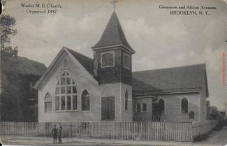 Postcard view of Wesley M.E. Church, East New York, in 1911.