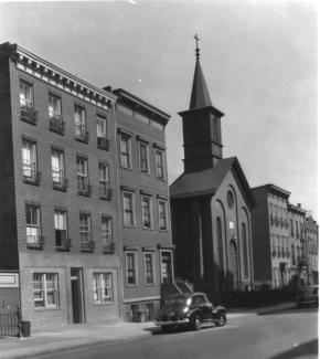 1941 view looking east on North 5th Street showing St. Matthew Church with spire intact.