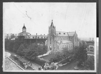 Black and white aerial view of St. John's orphanage and church.