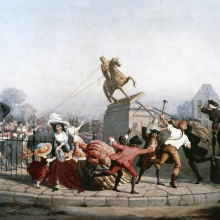 Painting of the toppling of a statue of King George on July 9, 1776 at Bowling Green NYC.