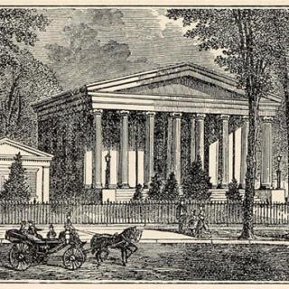 Historic drawing of Dutch Reformed Church of Brooklyn, fourth church, constructed in 1835