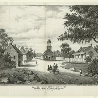 Historic drawing of Dutch Reformed Church of Brooklyn, second church, constructed ca. 1710