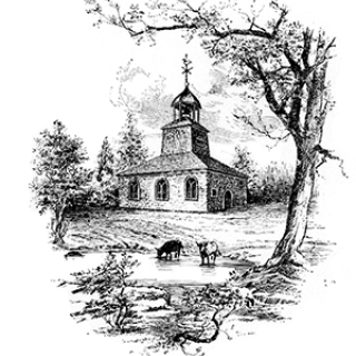 Historic drawing of the first church of the Dutch Reformed Church of Brooklyn, constructed 1666