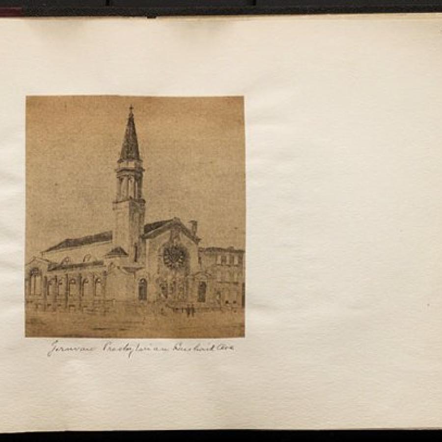 Sketch of Bushwick Avenue German Presbyterian Church, from Euegene Armbruster scrapbook