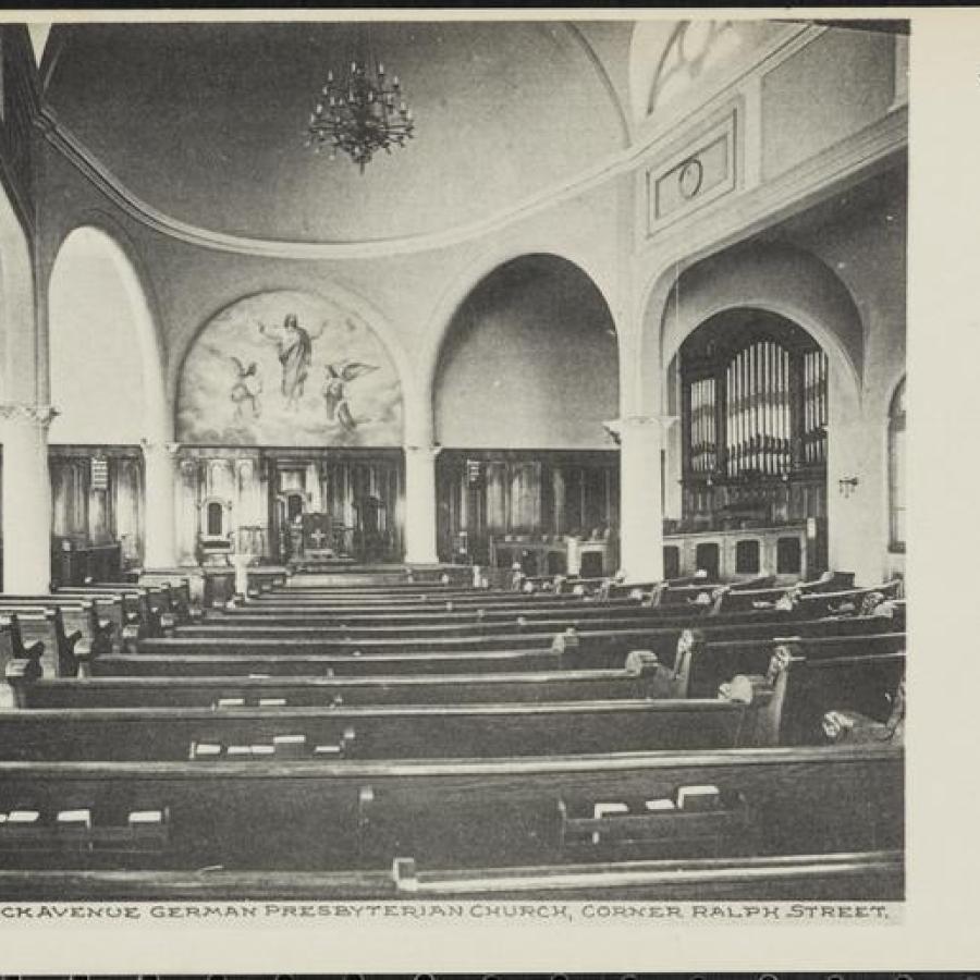 Postcard of Bushwick Avenue German Presbyterian Church interior, ca. 1907