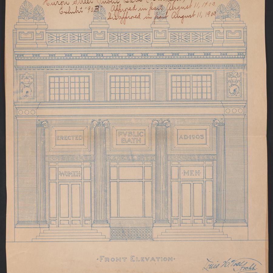 Drawing elevation of the Huron Street baths.