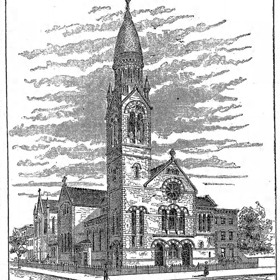 1889 sketch of Transfiguration Church, Williamsburg Brooklyn.