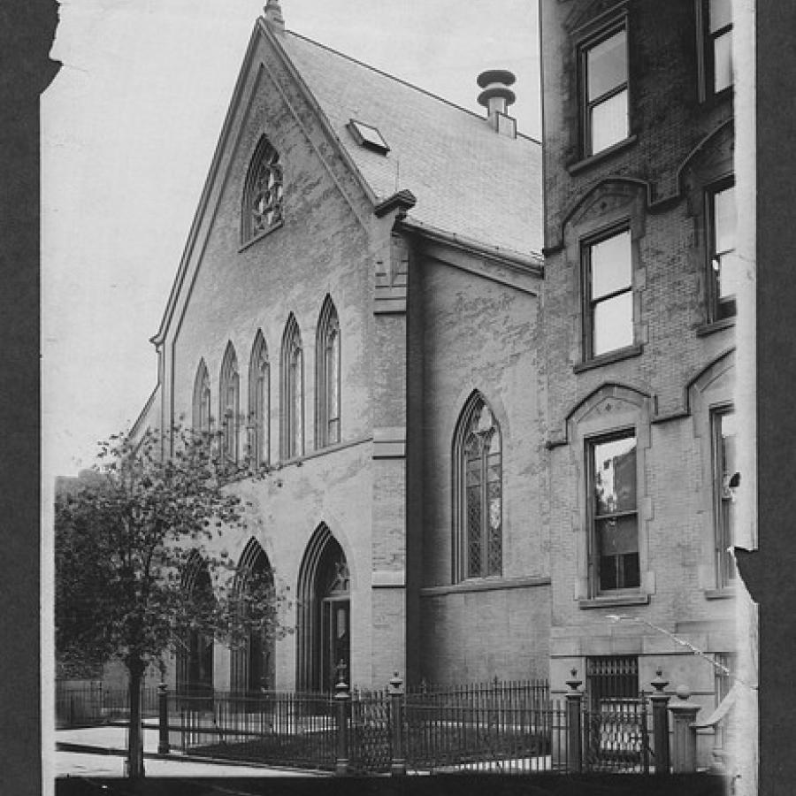 1906 black and white photograph of Our Lady of Mercy Church on Debevoise Street.