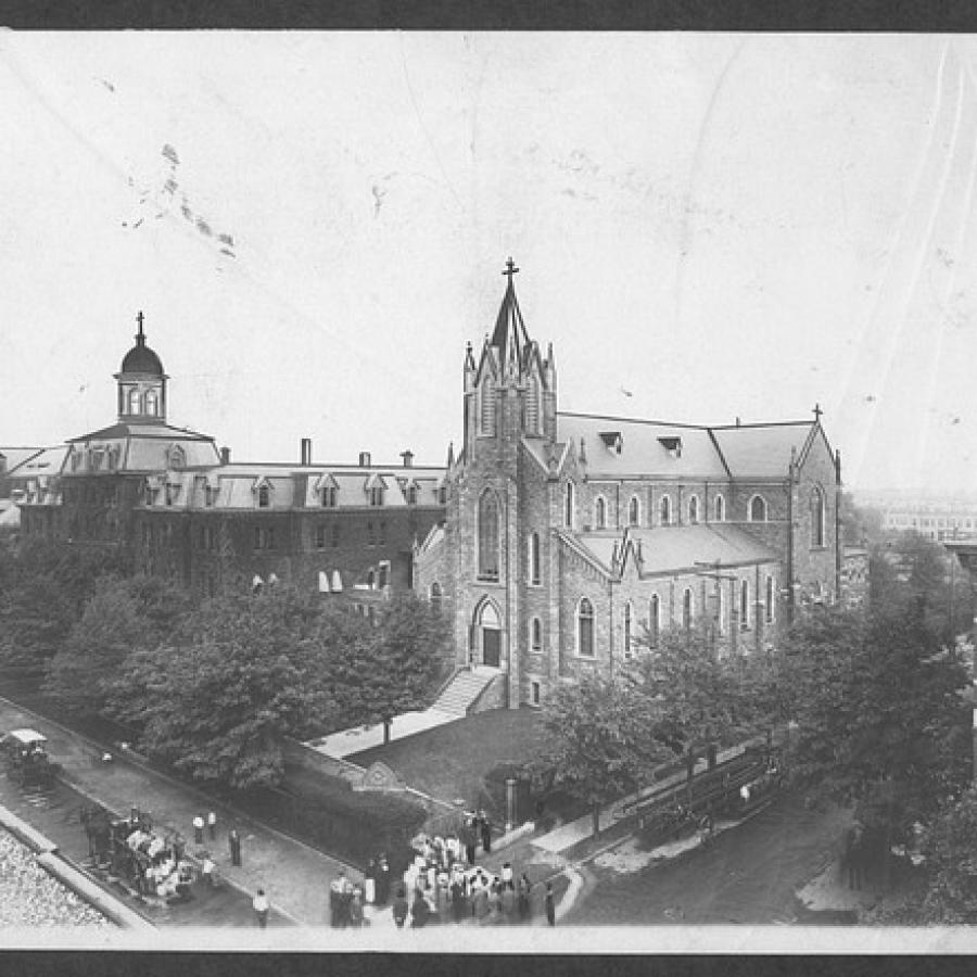 Black and white aerial view of St. John's orphanage and church.